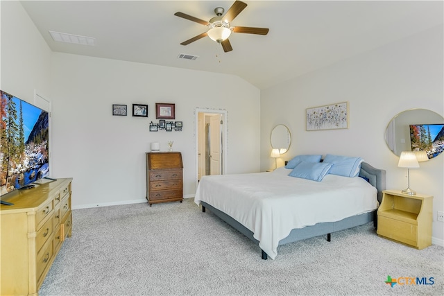 104 Hannah Trl, Georgetown, TX 78628 - bedroom with light carpet, lofted ceiling, baseboards, and a ceiling fan