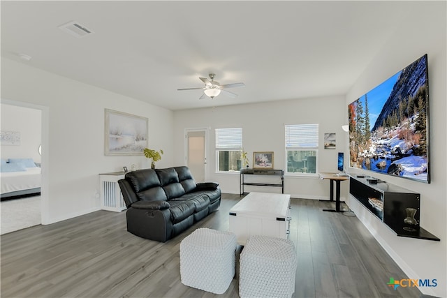 104 Hannah Trl, Georgetown, TX 78628 - living area with wood finished floors, ceiling fan, and baseboards