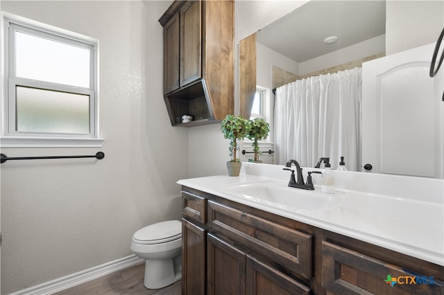 bathroom with wood-type flooring, vanity, and toilet