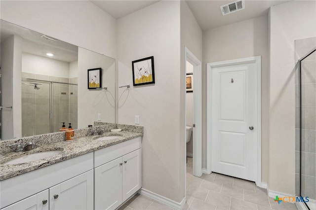 bathroom with double vanity, a sink, visible vents, and a shower stall