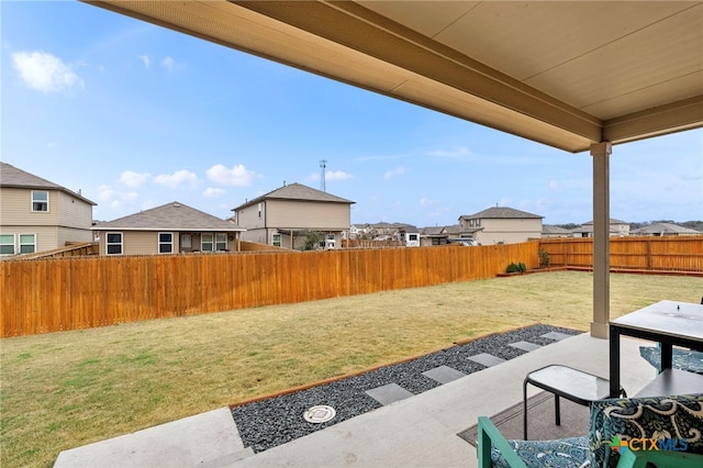 view of patio featuring a fenced backyard and a residential view