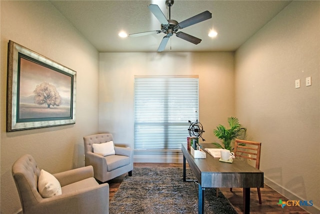 2718 Beaver Ln, New Braunfels, TX 78132 - home office featuring recessed lighting, baseboards, ceiling fan, and wood finished floors
