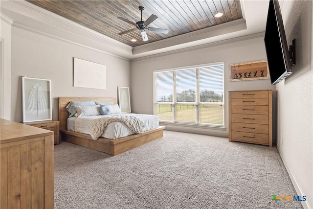 2718 Beaver Ln, New Braunfels, TX 78132 - bedroom with a raised ceiling, crown molding, wooden ceiling, and light carpet