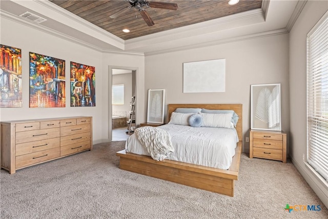 2718 Beaver Ln, New Braunfels, TX 78132 - bedroom featuring visible vents, a tray ceiling, ornamental molding, light carpet, and wooden ceiling