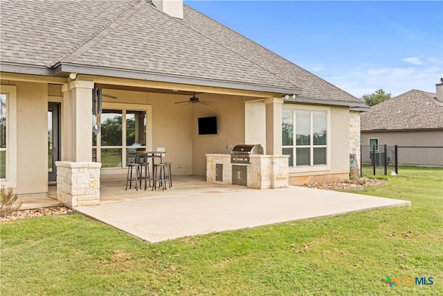 2718 Beaver Ln, New Braunfels, TX 78132 - rear view of property featuring ceiling fan, fence, roof with shingles, area for grilling, and a patio
