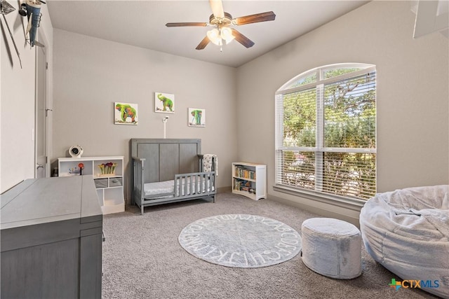 2718 Beaver Ln, New Braunfels, TX 78132 - bedroom featuring ceiling fan, a crib, and carpet