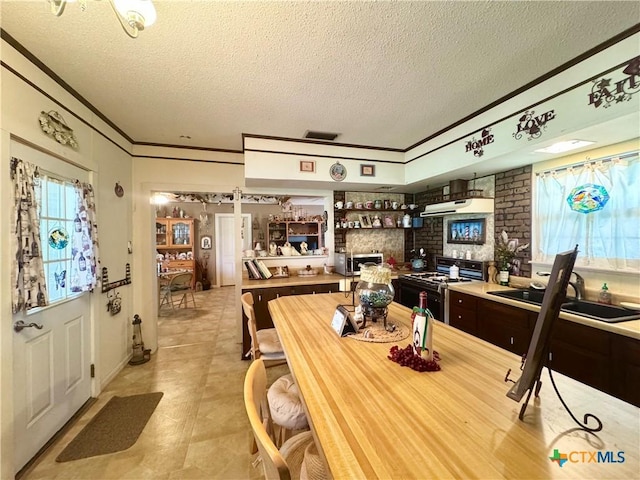 kitchen with crown molding, a sink, range with gas cooktop, and a textured ceiling
