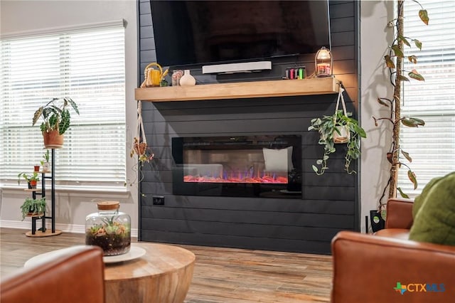 details featuring a glass covered fireplace, baseboards, and wood finished floors