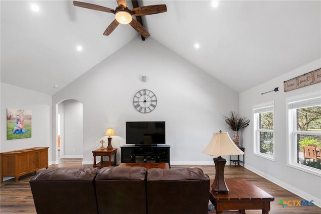 267 Oak View Dr, Inez, TX 77968 - living area with arched walkways, wood finished floors, ceiling fan, high vaulted ceiling, and baseboards