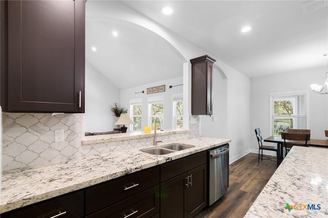 267 Oak View Dr, Inez, TX 77968 - kitchen featuring a sink, stainless steel dishwasher, tasteful backsplash, dark wood-style flooring, and vaulted ceiling