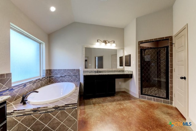 bathroom with plus walk in shower, lofted ceiling, and vanity