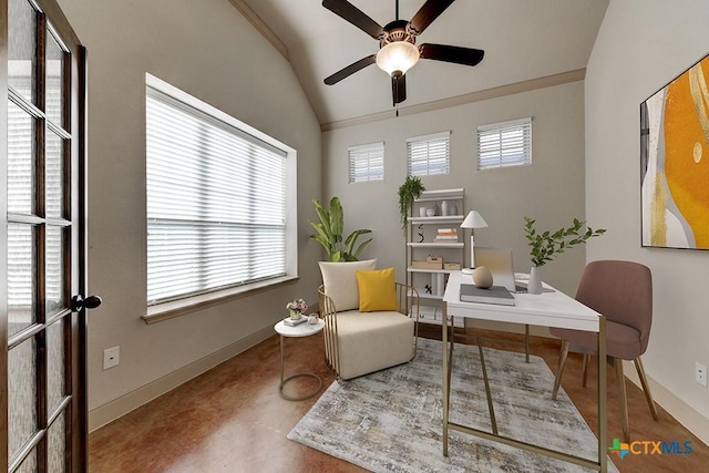 sitting room featuring lofted ceiling, concrete floors, ceiling fan, and crown molding