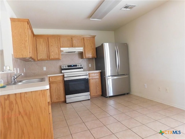 2302 Napier Dr, Killeen, TX 76542 - kitchen with stainless steel appliances, under cabinet range hood, a sink, backsplash, and light countertops