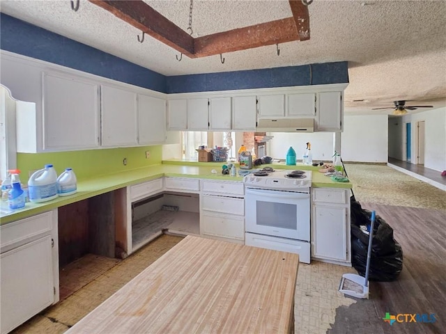 403 Schell Rd, Victoria, TX 77904 - kitchen with electric stove, under cabinet range hood, a textured ceiling, white cabinets, and ceiling fan