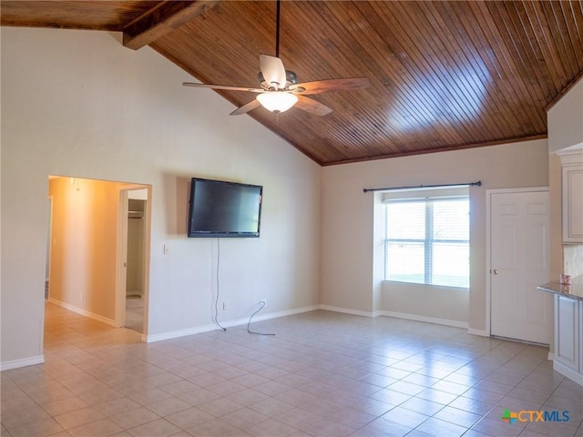 unfurnished living room featuring ceiling fan, light tile patterned floors, wooden ceiling, and baseboards