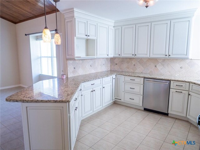 kitchen featuring a peninsula, tasteful backsplash, pendant lighting, and stainless steel dishwasher