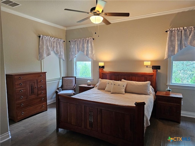 1169 Creek Cyn, New Braunfels, TX 78132 - bedroom featuring dark wood finished floors, multiple windows, crown molding, and baseboards