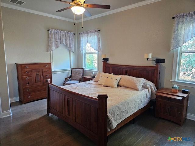 1169 Creek Cyn, New Braunfels, TX 78132 - bedroom with wood finished floors, ornamental molding, baseboards, and ceiling fan