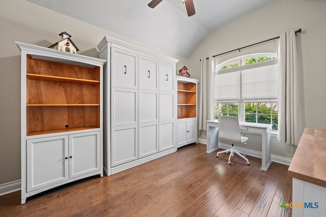 1169 Creek Cyn, New Braunfels, TX 78132 - office space featuring vaulted ceiling, ceiling fan, dark wood finished floors, and baseboards