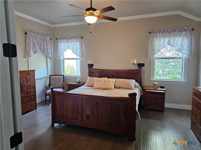 1169 Creek Cyn, New Braunfels, TX 78132 - bedroom with multiple windows, dark wood-style floors, baseboards, crown molding, and a ceiling fan