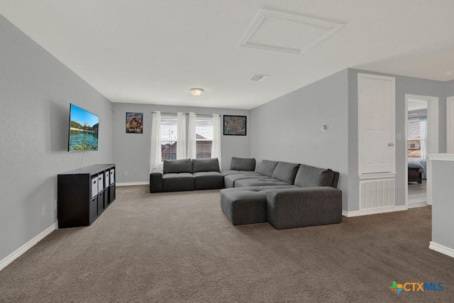 living area featuring attic access, carpet, baseboards, and visible vents