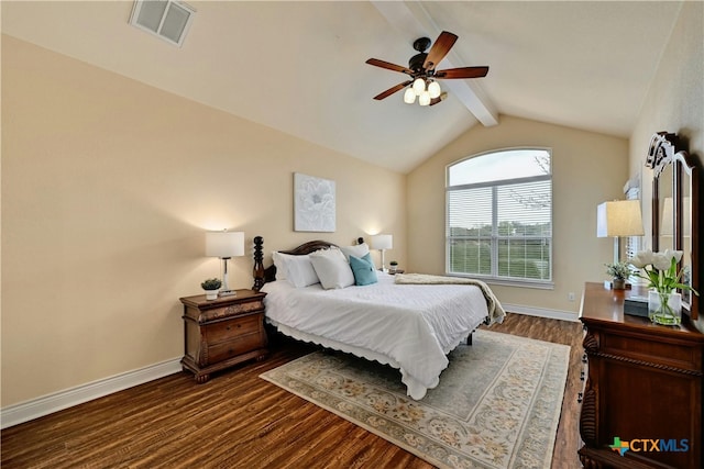 bedroom featuring lofted ceiling with beams, ceiling fan, and dark wood-type flooring