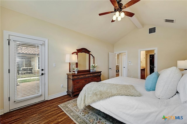 bedroom featuring access to exterior, ceiling fan, lofted ceiling with beams, connected bathroom, and dark hardwood / wood-style floors