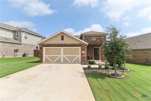 2024 Cowan Dr, New Braunfels, TX 78132 - craftsman-style house with brick siding, board and batten siding, a front yard, and an attached garage