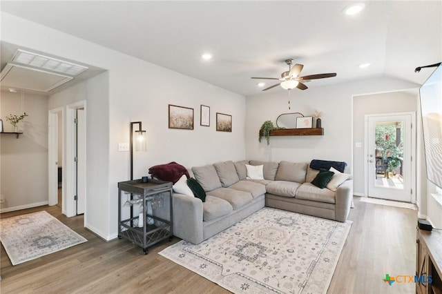 2024 Cowan Dr, New Braunfels, TX 78132 - living area featuring attic access, wood finished floors, ceiling fan, and recessed lighting