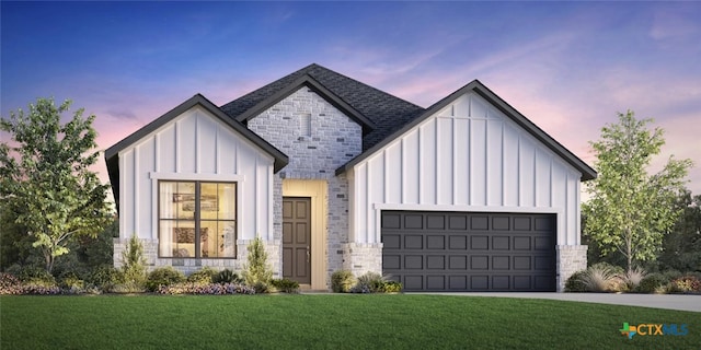 5714 Huron Dr, New Braunfels, TX 78130 - modern inspired farmhouse with board and batten siding, an attached garage, a front lawn, and concrete driveway