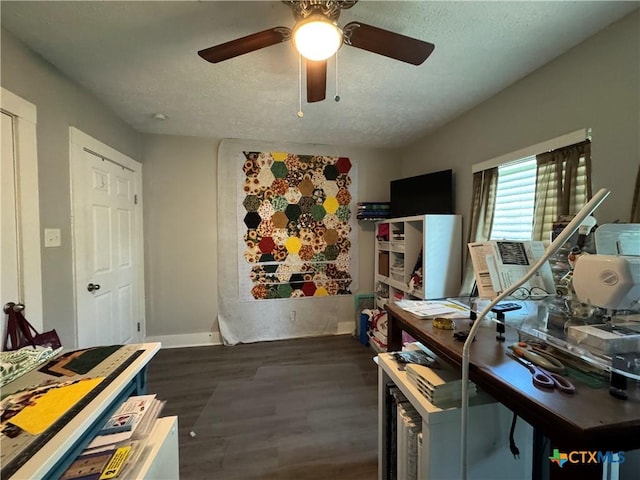 1308 E Park Ave, Victoria, TX 77901 - home office with a ceiling fan, dark wood-type flooring, baseboards, and a textured ceiling