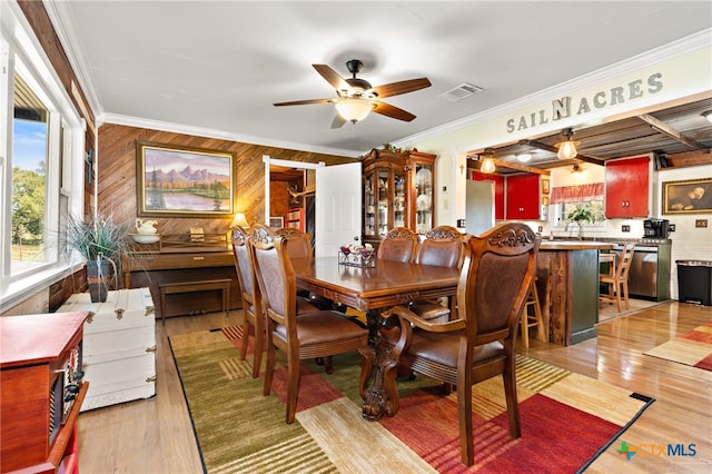 dining area featuring wood walls, light hardwood / wood-style floors, sink, ceiling fan, and crown molding