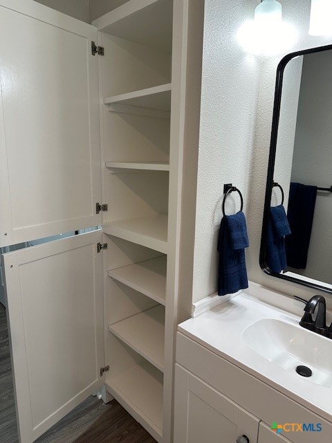 bathroom with vanity and hardwood / wood-style flooring