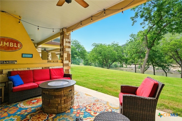 540 River Run Unit 112, New Braunfels, TX 78132 - view of patio / terrace with ceiling fan, a water view, and an outdoor living space