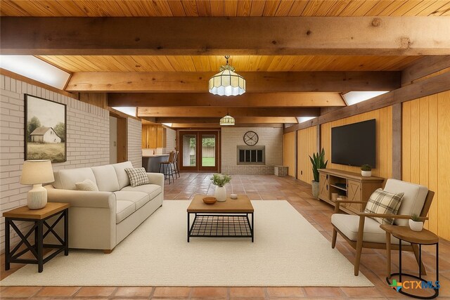 707 Dianne Dr, Copperas Cove, TX 76522 - living room with brick wall, wooden ceiling with exposed beams, wooden walls, and tile patterned floors