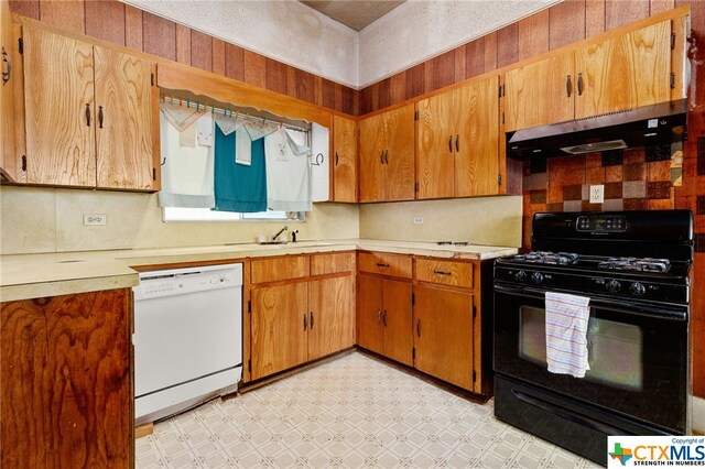 kitchen with tasteful backsplash, extractor fan, black range with gas cooktop, sink, and dishwasher