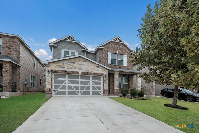 craftsman-style house with a garage and a front lawn