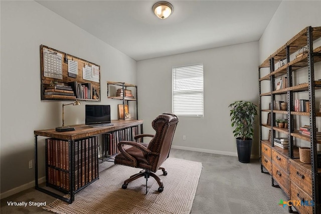 home office featuring light colored carpet