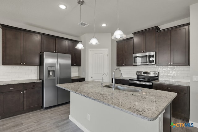 kitchen with tasteful backsplash, stainless steel appliances, sink, decorative light fixtures, and an island with sink