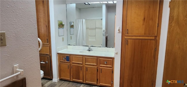 3605 Oaklawn St, Victoria, TX 77901 - full bath with a textured wall, vanity, wood finished floors, and curtained shower