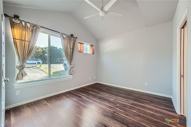 unfurnished bedroom with vaulted ceiling, ceiling fan, and dark hardwood / wood-style flooring