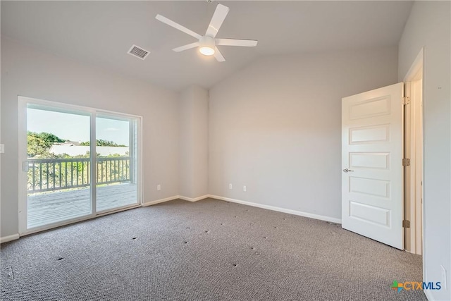 unfurnished room with lofted ceiling, carpet floors, and ceiling fan