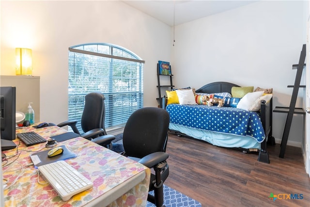 bedroom with dark hardwood / wood-style floors