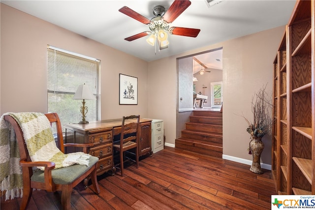 office area with dark hardwood / wood-style flooring and ceiling fan