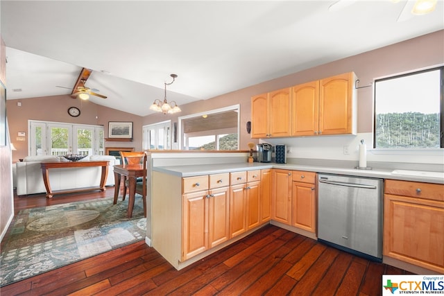 kitchen with dark hardwood / wood-style flooring, pendant lighting, dishwasher, light brown cabinets, and lofted ceiling with beams