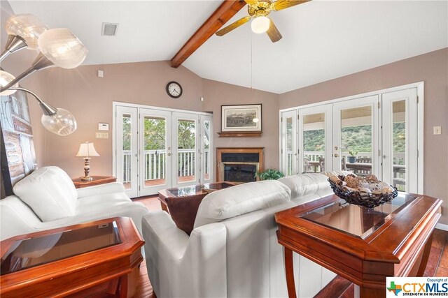 350 Climbing Way, Wimberley, TX 78676 - living room with french doors, wood finished floors, a ceiling fan, and healthy amount of natural light