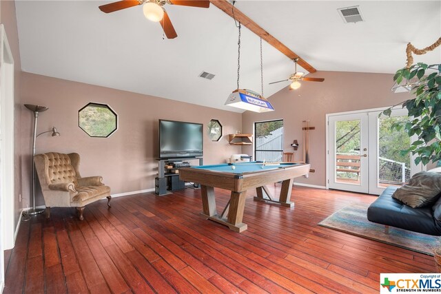 playroom with ceiling fan, hardwood / wood-style flooring, high vaulted ceiling, and french doors