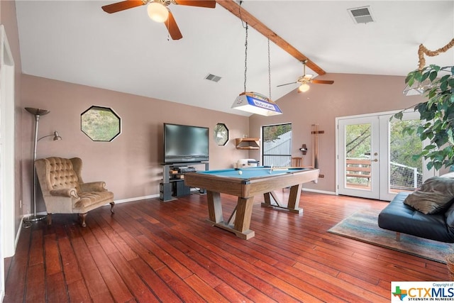 350 Climbing Way, Wimberley, TX 78676 - playroom featuring ceiling fan, beamed ceiling, billiards, hardwood / wood-style flooring, and baseboards