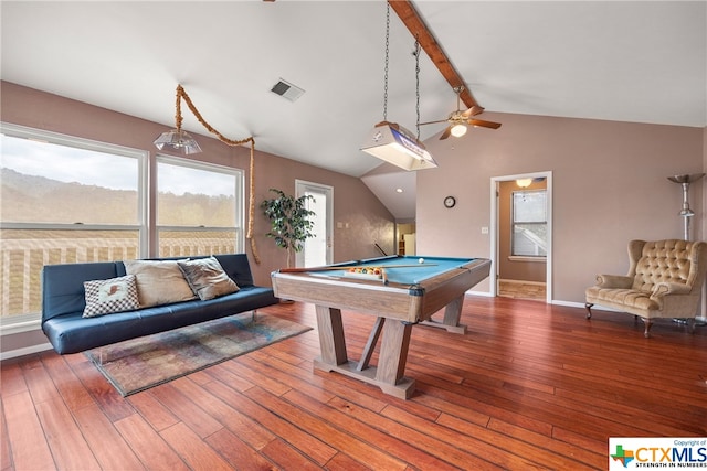 rec room featuring billiards, wood-type flooring, vaulted ceiling with beams, and ceiling fan