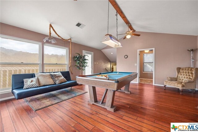 350 Climbing Way, Wimberley, TX 78676 - game room with billiards, ceiling fan, hardwood / wood-style flooring, and baseboards